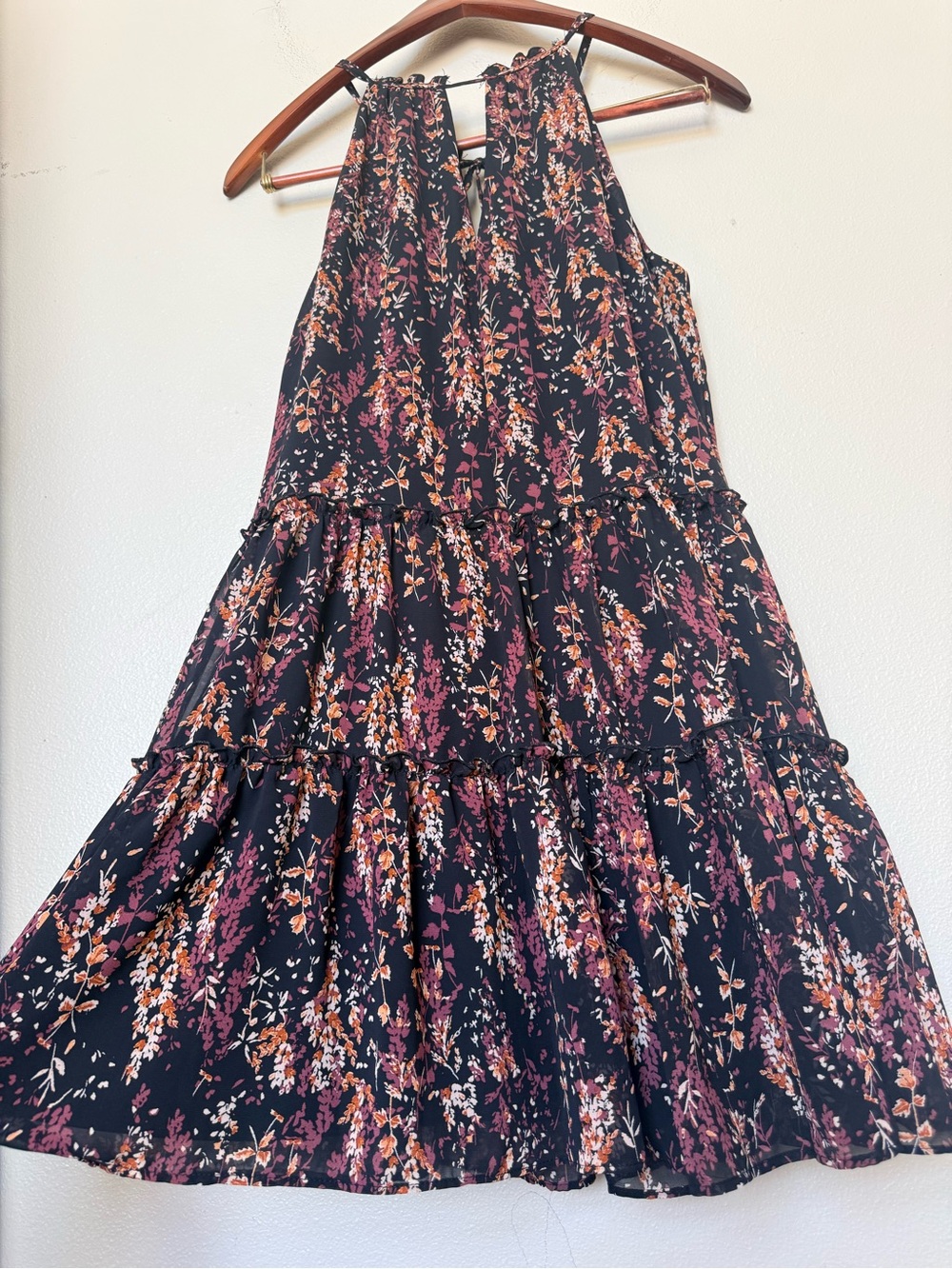 DREW Anthropologie Black Meadow Floral Tiered Boho Halter Dress size small flowy